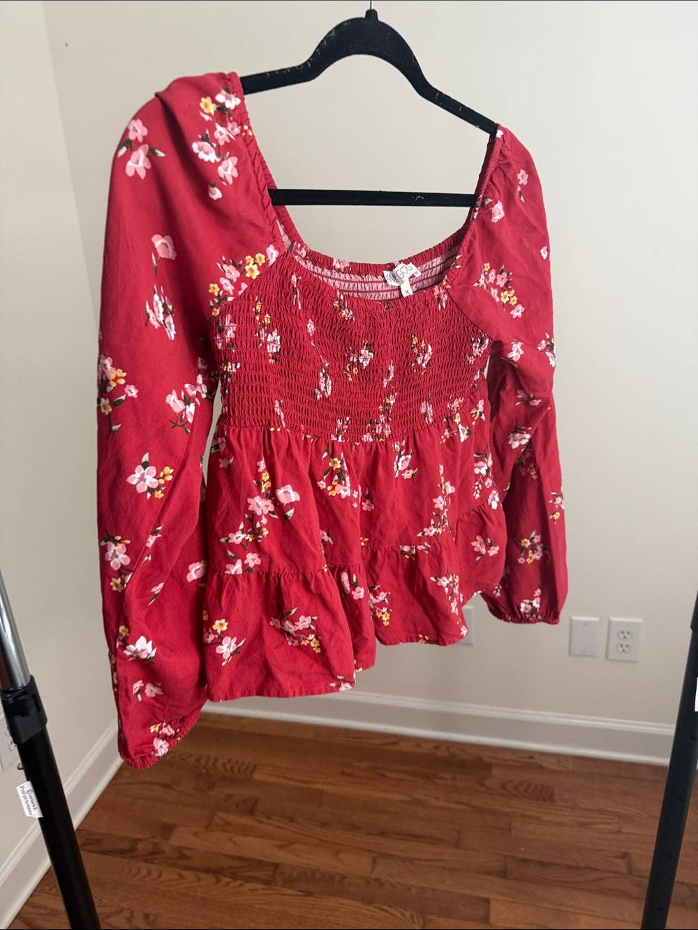 Planet Gold Red Floral Smocked Peasant Blouse